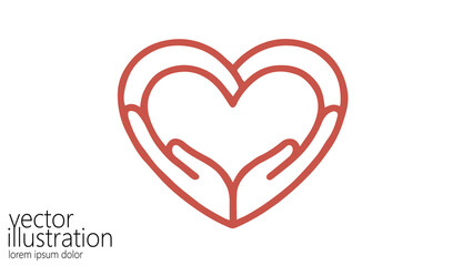 Hands holding heart line art. Heart shape donation love care. Charity healthcare medicine projects. Minimalist design red outline white background