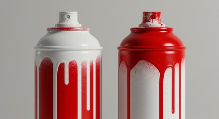 This image features two spray paint cans, one primarily white with red drips and the other primarily red with white drips, placed side-by-side against a plain grey backdrop. 