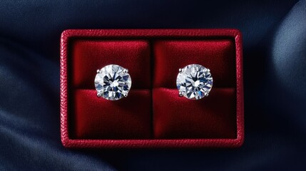 Diamond earring set in a red velvet presentation box against a midnight blue silk-textured background