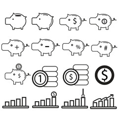 Financial Icon Set – Piggy Banks, Coins & Growth Charts in Minimal Line Style
