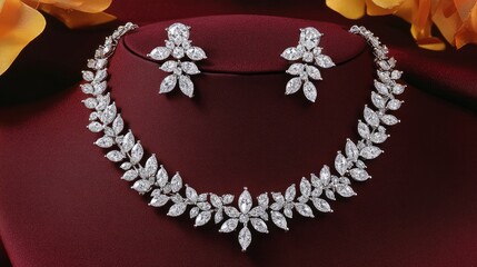 Obraz premium Diamond necklace and earring set shown against a silky deep maroon background