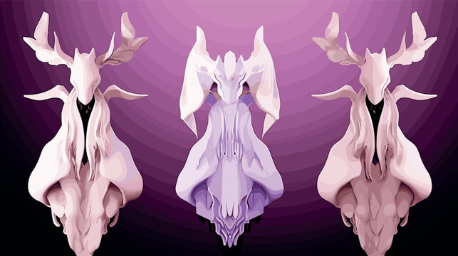 Purple and pink abstract animal skull art with symmetrical antlers flat vector illustration