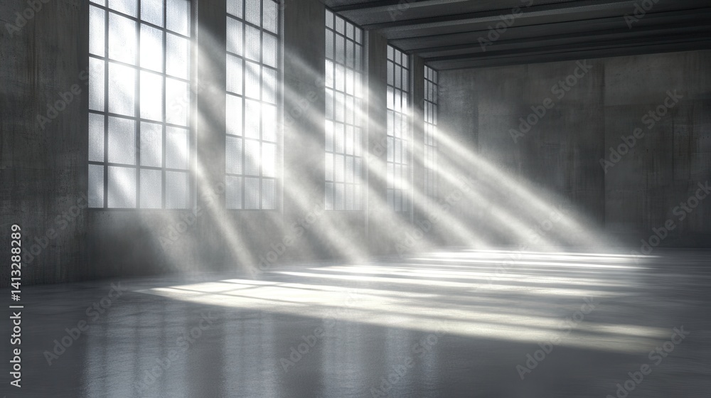 Poster sunlight streaming through windows in an empty industrial space