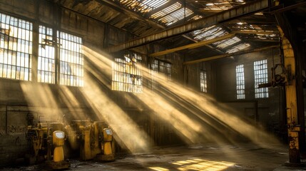 Obraz premium Sunlight Streaming Through Windows in Abandoned Industrial Building