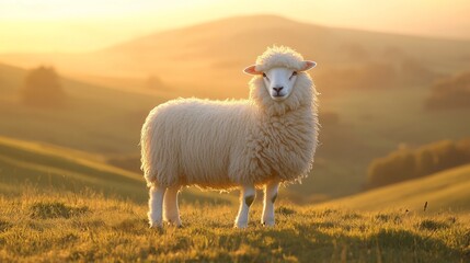 Fototapeta premium Sheep standing in sunlit meadow with grassy hills, sunny skies and warm light
