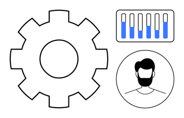 Gear symbolizing settings, bar chart with progress indicators, user avatar outline. Ideal for tech, analytics, management, automation, planning, workflow simple landing page