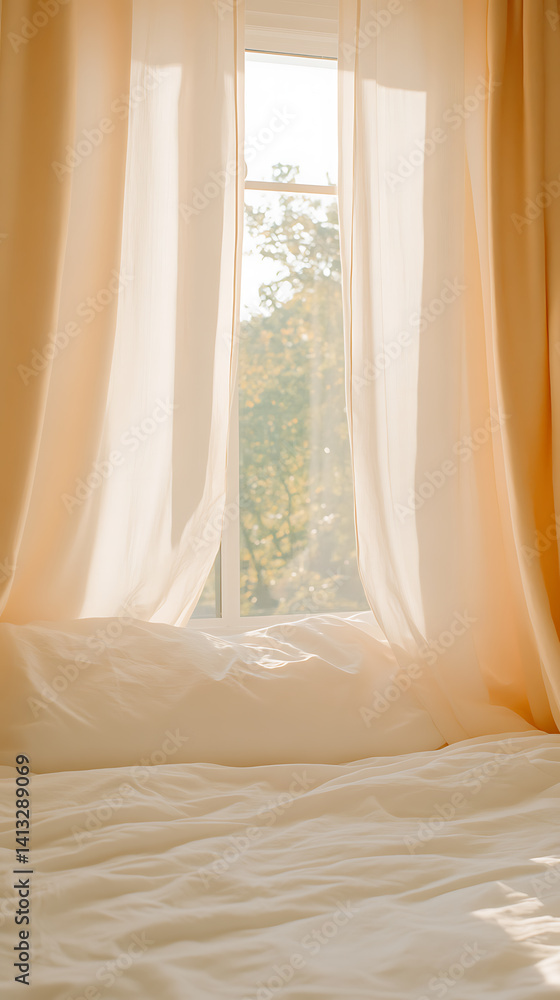 Poster sunlit window with soft curtains and a cozy bed create a serene and inviting atmosphere. the sunligh