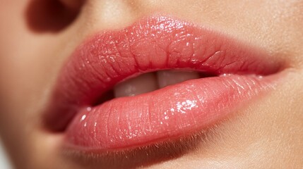A captivating close-up showcases a woman's healthy, well-hydrated lips with a subtle pink gloss.