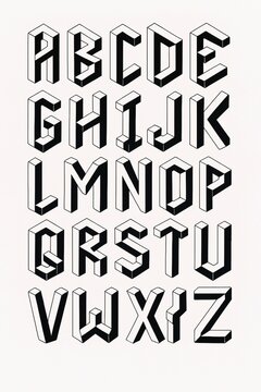 English alphabet, made in the form of three-dimensional geometric figures with black lines on a light background. Stylish, abstract and modern letter design.