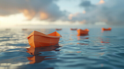 Fototapeta premium Leadership, success, and teamwork concept, orange leader boat leading black boats as in businessâ€¤ 3D Rendering.