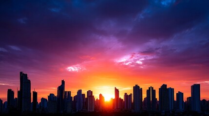 Fototapeta premium Metropolitan Sunset Skyline - Vibrant cityscape silhouette at sunset, symbolizing ambition, progress, hope, tranquility, and urban beauty