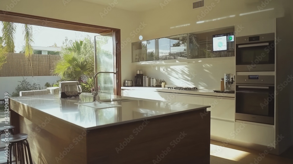 Poster floating augmented reality controls over a real-world kitchen for smart appliance interaction