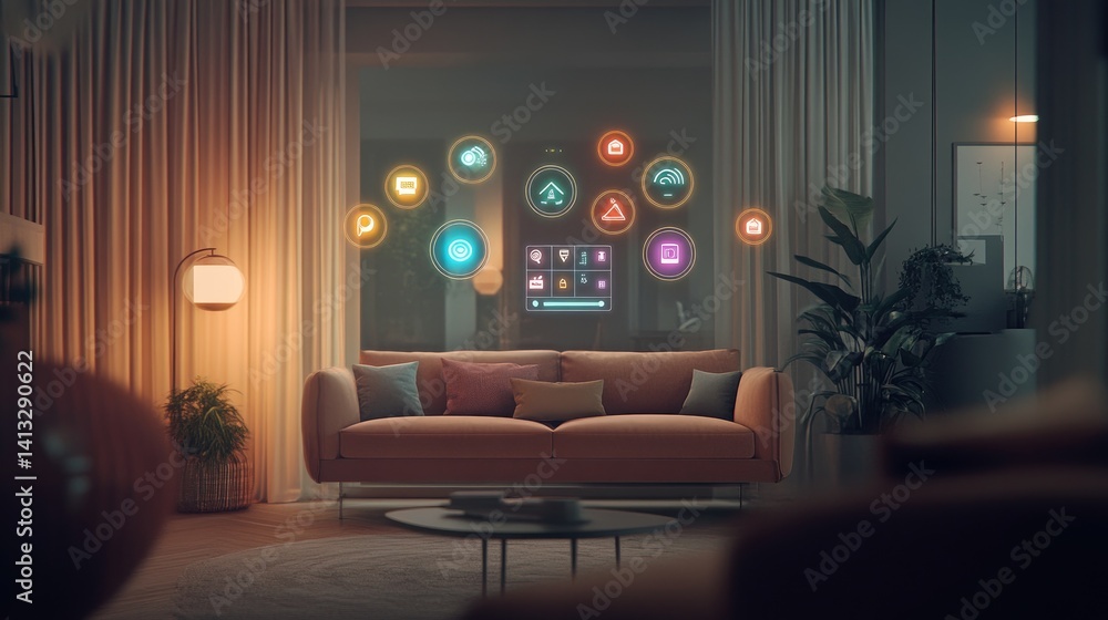 Poster floating icons and control panels in ar space representing smart home control system