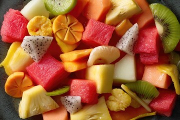 A colorful Brazilian fruit salad made with mango, papaya, guava, and pineapple, beautifully arranged