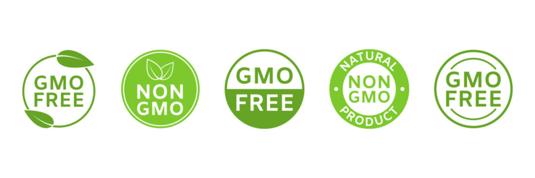 GMO free icons. Non GMO labels. Healthy food concept. Organic cosmetic. No GMO design elements for tags, product package. Ecology, vegan, bio. Beauty product. Sustainable life. Vector illustration
