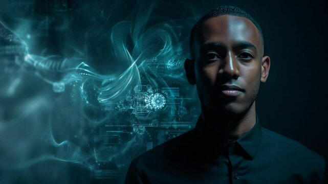 Mindful Contemplation: An individual stares intently into the camera, set against a backdrop of digital data streams, symbolizing the intersection of human intellect and technology.