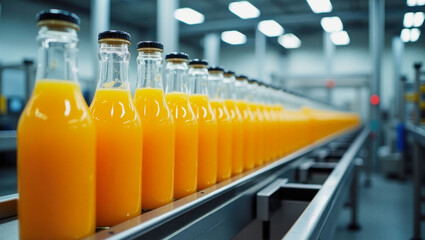 Bottles of fresh orange juice lined up on a conveyor belt in a production facility during daytime operations