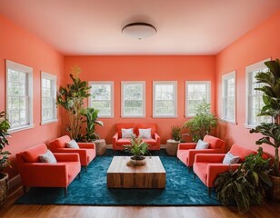Fototapeta premium Bright and inviting living room with coral walls and modern furniture, perfect for relaxation.