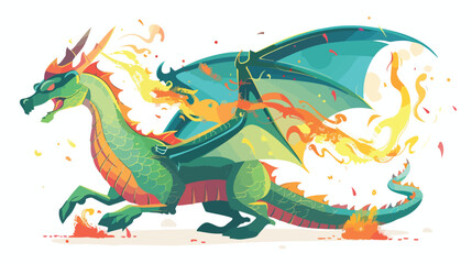 Fototapeta premium Fiery Emerald Dragon: Fantasy Creature with Wings, Breathless Fire, Magical Mythical Beast, Green 