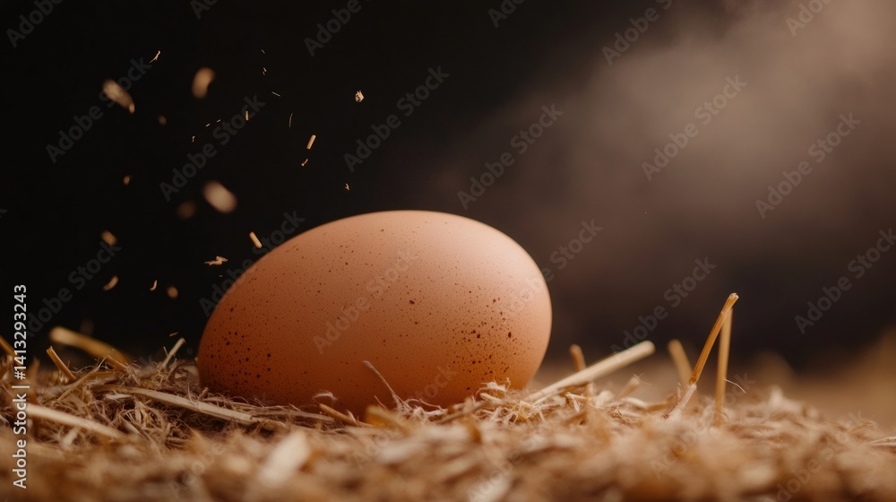 Poster freshly laid brown egg landing gently on a bed of straw in a dimly lit chicken coop, with dust parti