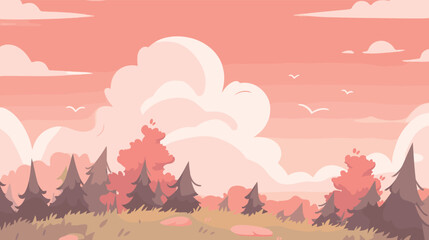 Serene cartoon forest landscape with pink sky and puffy clouds flat vector illustration