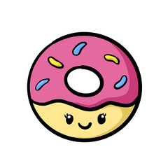 Cute Cartoon Donut Character with Pink Frosting and Colorful Sprinkles Smiling Against a Black Background