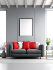 Modern Gray Living Room Interior Design - Elegant modern living room, gray walls, dark gray sofa, red and white pillows, minimalist decor, serene atmosphere. Symbolizes: sophistication, calmness,