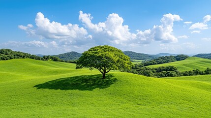 Obraz premium Serene nature scene single tree in green field under blue sky with clouds