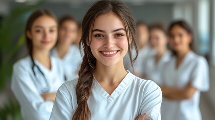 Confident Young Female Doctor Leading a Team of Healthcare Professionals