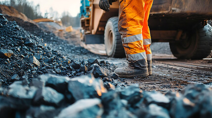Mining worker operating a crusher machine at a mining site. Featuring crushing process and machinery operation