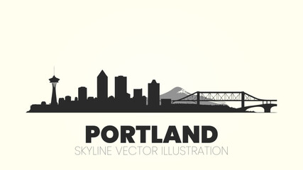 Portland skyline silhouette on a white background, showcasing the Big Pink Tower, St. Johns Bridge, and Mount Hood.