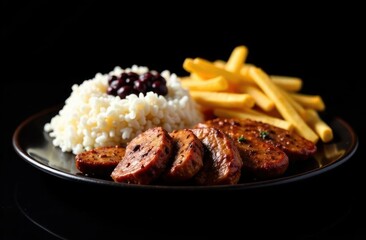 grilled steak slices with black beans, rich glaze served alongside fluffy white rice and crispy french fries on black plate. gourmet meal, dinner, culinary art, restaurant menu.