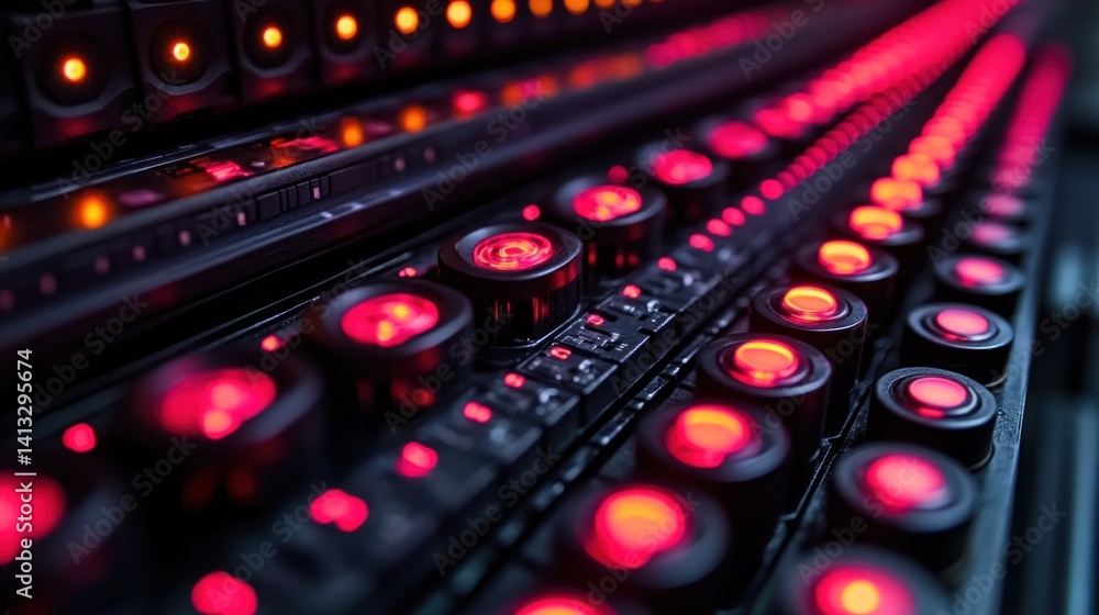 Poster illuminated control panel: a close-up of glowing red buttons and indicators on a technological devic