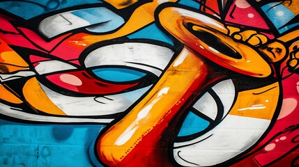 Vibrant street art mural featuring a saxophone