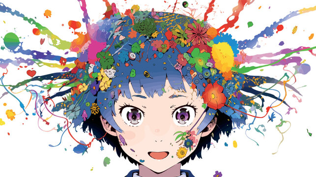 Colorful anime artwork of girl with exploding flowers and paint flat vector illustration