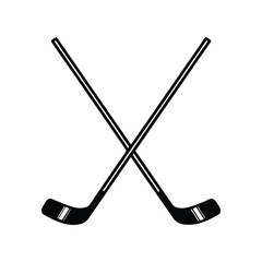 Minimalist black silhouette of crossed golf clubs with flat heads and simple handles, ideal for vector illustrations, sports logos, or golfing equipment branding related to tournaments and recreation.