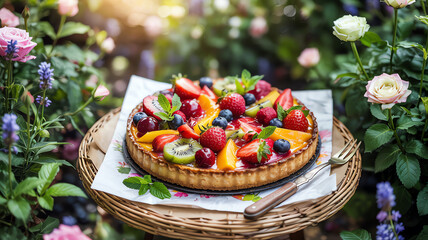 Vibrant Fruit Tart with Strawberries, Kiwi, and Blueberries
