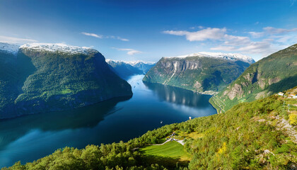 Surrounded by towering, snow-capped mountains and lush green hillsides, the deep blue fjord winds gracefully through the breathtaking valley under a clear, sunlit sky.