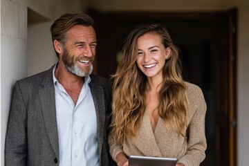 Business people sharing a laugh over a tablet. Male executive and young female employee.