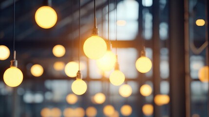 Warm Glowing Light Bulbs Hanging from Ceiling in Modern Space