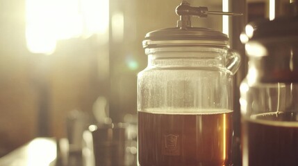 Warm Morning Light Shining on Freshly Brewed Coffee in Jar