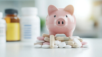 A pink piggy bank sits atop a pile of pills, symbolizing healthcare expenses and savings for medical needs with pill bottles in the background.