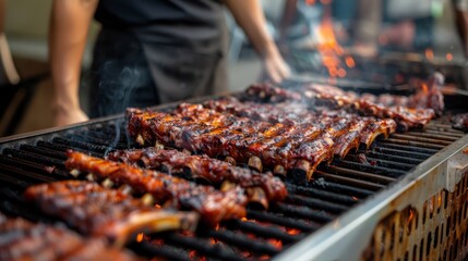 Moody food shot with pork ribs, spices and sauces in detailed jars, styled in cozy warm palette with gourmet rustic feel.
