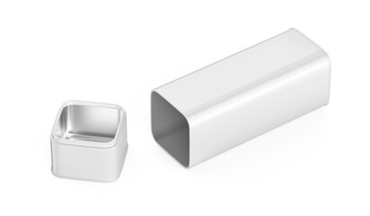 Open empty white metal box with a lid on a white background