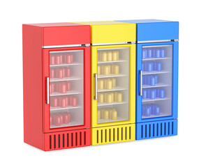 Three differently colored supermarket beverage refrigerators with cans