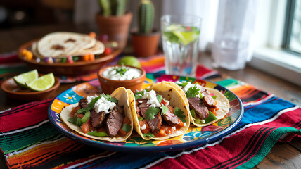 Fototapeta premium Authentic Mexican Tacos with Fresh Salsa, Cilantro, and Cheese - Street Food Favorite
