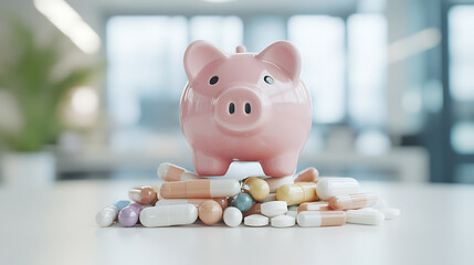 Healthcare Savings: A pink piggy bank sits atop a pile of various pills and capsules, symbolizing financial planning for medical expenses.