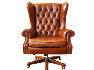Leather executive chair Executive armchair in cognac leather with high backrest, sides with wings and polished aluminum base, insulated on white background