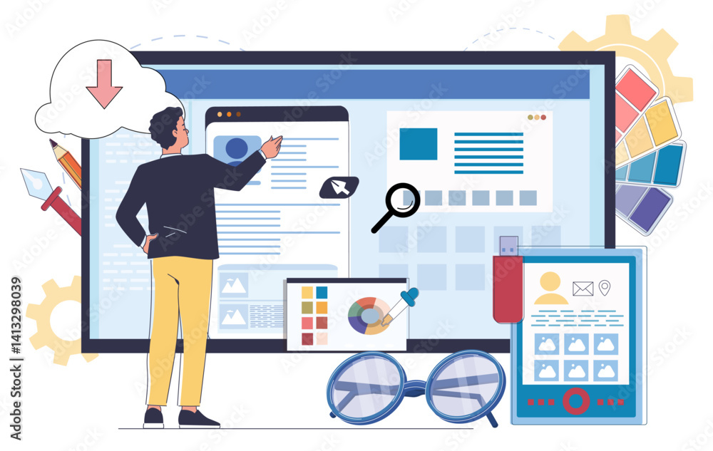 Poster man interacting with large screen full of ui elements, flat graphic style, white background. concept
