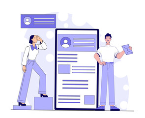 Two characters near a large digital resume on screen, flat graphic style on white and abstract background, concept of job recruitment and candidate search. Vector illustration